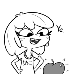 Size: 1584x1584 | Tagged: safe, artist:tjpones, imported from derpibooru, apple bloom, human, apple, black and white, food, freckles, grayscale, hand on hip, hiragana, humanized, monochrome, open mouth, open smile, simple background, smiling, solo, tooth gap, white background