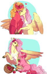 Size: 2200x3400 | Tagged: safe, artist:theartfox2468, imported from derpibooru, big macintosh, fluttershy, oc, oc:valentine, earth pony, pegasus, pony, apple, basket, beard, cloven hooves, earth pony oc, eyes closed, facial hair, fangs, female, filly, floating heart, floral head wreath, flower, fluttermac, fluttermom, food, freckles, heart, height difference, high res, hug, lidded eyes, male, mare, mother and child, mother and daughter, mouth hold, neck biting, neck nuzzle, nibbling, offspring, pale belly, parent:big macintosh, parent:fluttershy, parents:fluttermac, shipping, sitting, stallion, straight, tongue out, underhoof, wing shelter, wings