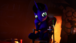 Size: 7680x4320 | Tagged: safe, artist:lagmanor, imported from derpibooru, oc, oc only, oc:lagmanor amell, pony, unicorn, 3d, absurd resolution, black mane, blurry background, book, bookshelf, candle, cup, dark background, dark mane, eyebrows, fire, fireplace, frown, green eyes, horn, looking at you, magic horn, male, mane, nudity, raised eyebrow, sheath, sheathed, sitting, solo, source filmmaker, stallion, sword, table, teacup, vignette, weapon