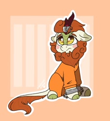 Size: 1862x2048 | Tagged: safe, artist:anxioussartist, imported from derpibooru, autumn blaze, kirin, blushing, clothes, cuffs, floppy ears, horn, horn ring, magic suppression, prison outfit, ring, sad, shackles, simple background, solo