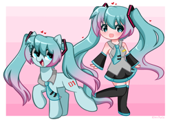Size: 5576x3944 | Tagged: safe, artist:kittyrosie, imported from derpibooru, kotobukiya, earth pony, human, pony, anime, clothes, cute, cute pony, daaaaaaaaaaaw, duo, female, gradient background, hatsune miku, headphones, heart, human ponidox, kotobukiya hatsune miku pony, mare, necktie, open mouth, pigtails, ponified, self ponidox, skirt, twintails, vocaloid