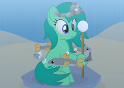 Size: 2970x2100 | Tagged: safe, artist:candy meow, imported from derpibooru, oc, oc only, oc:shooo be doop, earth pony, fish, pony, :t, bubble, diadem, digital art, earth pony oc, female, fins, game, high res, jewelry, legends of equestria, looking at something, mane, mare, npc, pearl, pendant, river, rock, sand, scepter, shell, show accurate, sitting, solo, tail, tiara, underwater, video game