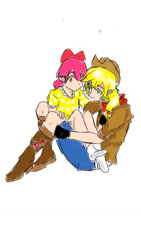 Size: 720x1280 | Tagged: safe, artist:aj946, imported from derpibooru, apple bloom, applejack, human, boots, clothes, denim shorts, female, humanized, jacket, missing shoes, neckerchief, shoes, shorts, siblings, sisters, socks, stocking feet