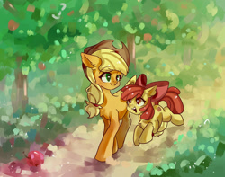 Size: 1680x1327 | Tagged: safe, artist:meowleft, imported from derpibooru, apple bloom, applejack, earth pony, pony, female, filly, jumping, mare, siblings, sisters