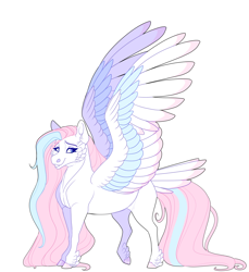 Size: 2200x2400 | Tagged: safe, artist:uunicornicc, imported from derpibooru, oc, oc only, pegasus, pony, colored wings, female, high res, mare, multicolored wings, simple background, solo, tail, tail feathers, white background, wings