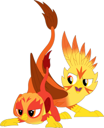 Size: 2913x3568 | Tagged: safe, artist:porygon2z, imported from derpibooru, oc, oc only, oc:blaze, oc:heatwave, griffon, hippogriff, duo, duo male, fledgeling, high res, male, open mouth, simple background, transparent background, vector