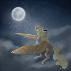 Size: 2400x2400 | Tagged: safe, artist:pokaparida, imported from derpibooru, oc, oc only, oc:mrochina, pegasus, pony, cloud, female, flying, high res, mare, moon, solo