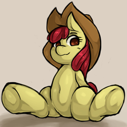 Size: 1543x1543 | Tagged: safe, artist:kyouman1010, color edit, edit, imported from derpibooru, apple bloom, earth pony, pony, applejack's hat, belly button, colored, cowboy hat, female, filly, hat, looking at you, sitting, smiling, solo, spread legs, spreading