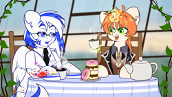 Size: 3840x2160 | Tagged: safe, artist:etoz, imported from derpibooru, oc, oc only, oc:etoz, oc:light speed, pegasus, pony, unicorn, cafe, clothes, coffee, commission, cosplay, costume, cute, donut, fangs, female, food, genshin impact, glasses, high res, horn, magic, magic aura, mare, open mouth, pegasus oc, sitting, suit, table, talking, tea, unicorn oc, window, wings, zhongli (genshin impact)