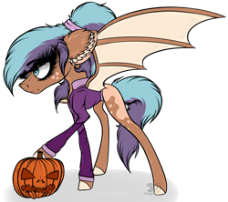 Size: 2698x2395 | Tagged: safe, artist:beamybutt, imported from derpibooru, oc, oc only, bat pony, pony, bat pony oc, bat wings, clothes, colored hooves, ear fluff, eyelashes, halloween, high res, holiday, jack-o-lantern, pumpkin, raised hoof, simple background, solo, transparent background, wings