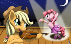 Size: 1680x1050 | Tagged: safe, artist:renatethepony, imported from derpibooru, applejack, pinkie pie, earth pony, pony, bust, clothes, crescent moon, dancing, female, freckles, happy, hat, mare, moon, musical instrument, one eye closed, open mouth, skirt, smiling, transparent moon, violin, wink