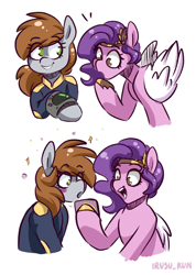 Size: 1582x2222 | Tagged: safe, artist:lrusu, imported from derpibooru, pipp petals, oc, oc:littlepip, pegasus, pony, unicorn, fallout equestria, adorapipp, blushing, clothes, cute, duo, eye clipping through hair, eyebrows, eyebrows visible through hair, female, folded wings, g5, grin, hoof polish, jewelry, jumpsuit, mare, missing horn, name pun, ocbetes, open mouth, open smile, phone, pipabetes, pipbuck, signature, simple background, smiling, that pony sure does love phones, tiara, vault suit, white background, wings, wrong eye color