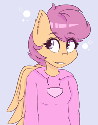 Size: 1920x2450 | Tagged: safe, artist:lucky-em, imported from derpibooru, scootaloo, anthro, pegasus, clothes, eyelashes, female, gray background, hoodie, simple background, smiling, solo, wings