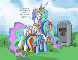 Size: 1182x909 | Tagged: safe, artist:php64, edit, imported from derpibooru, princess celestia, rainbow dash, alicorn, pegasus, pony, equestria daily, ^^, butt, celestia's grave meme, crown, dialogue, duo, duo female, exploitable meme, eyes closed, female, folded wings, grass, gravestone, hoof shoes, horn, jewelry, mare, meme, multicolored hair, multicolored mane, multicolored tail, open mouth, outdoors, peytral, plot, rainbow hair, rainbow tail, regalia, rip equestria daily, smiling, tail, wings