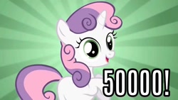 Size: 1280x720 | Tagged: safe, edit, edited screencap, imported from derpibooru, screencap, sweetie belle, pony, unicorn, derpibooru, 50000, abstract background, caption, female, filly, green eyes, horn, meta, milestone, open mouth, open smile, rearing, smiling, solo, tags, tail, text, two toned mane, two toned tail