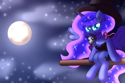 Size: 4800x3200 | Tagged: safe, artist:iceflower99, imported from derpibooru, princess luna, tiberius, chest fluff, clothes, costume, halloween, halloween costume, holiday, night, nightmare night, nightmare night costume, source in the description, speedpaint