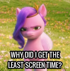 Size: 720x735 | Tagged: safe, edit, edited screencap, imported from derpibooru, screencap, pipp petals, pegasus, pony, spoiler:g5, spoiler:my little pony: a new generation, angry, caption, eyebrows, female, flower, folded wings, g5, grass, image macro, mare, my little pony: a new generation, outdoors, pipp petals is not amused, purple mane, solo, text, wings