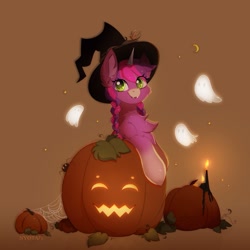 Size: 1667x1667 | Tagged: safe, artist:nyota71, imported from derpibooru, oc, oc only, oc:bloom moonbeam, ghost, pony, spider, undead, unicorn, candle, chest fluff, commission, halloween, hat, holiday, jack-o-lantern, looking at you, moon, pumpkin, smiling, solo, witch hat, ych result