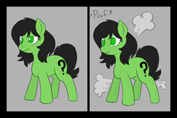 Size: 2400x1600 | Tagged: safe, artist:happy harvey, imported from derpibooru, oc, oc only, oc:filly anon, earth pony, pony, black mane, black tail, colored pupils, earth pony oc, female, filly, forced smile, green eyes, inanimate tf, onomatopoeia, phone drawing, plushie, plushification, poof, smiling, solo, standing, tail, transformation