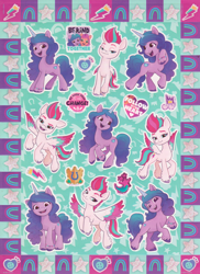 Size: 1200x1650 | Tagged: safe, imported from derpibooru, izzy moonbow, sunny starscout, zipp storm, earth pony, pegasus, pony, unicorn, abstract background, female, g5, mare, my little pony: a new generation, scan, sticker