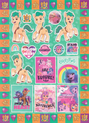 Size: 1200x1644 | Tagged: safe, imported from derpibooru, hitch trailblazer, izzy moonbow, pipp petals, sunny starscout, zipp storm, earth pony, pegasus, pony, unicorn, abstract background, female, g5, male, mane five (g5), mare, my little pony: a new generation, scan, stallion, sticker