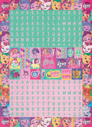 Size: 1200x1655 | Tagged: safe, imported from derpibooru, hitch trailblazer, izzy moonbow, pipp petals, queen haven, sprout cloverleaf, sunny starscout, zipp storm, earth pony, pegasus, pony, unicorn, abstract background, alphabittle blossomforth, argyle starshine, female, g5, male, mane five (g5), mare, my little pony logo, my little pony: a new generation, phyllis cloverleaf, scan, stallion, sticker