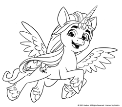 Size: 1884x1651 | Tagged: safe, imported from derpibooru, sunny starscout, alicorn, pony, spoiler:my little pony: a new generation, alicornified, artificial wings, augmented, black and white, coloring page, eyebrows, female, g5, grayscale, magic, magic horn, magic wings, mare, monochrome, my little pony: a new generation, race swap, scan, simple background, sunnycorn, white background, wings