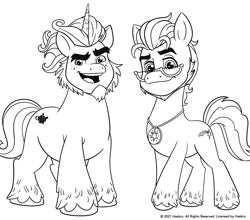 Size: 1889x1665 | Tagged: safe, imported from derpibooru, earth pony, pony, unicorn, alphabittle blossomforth, argyle starshine, black and white, coloring page, g5, grayscale, male, monochrome, my little pony: a new generation, scan, simple background, stallion, white background