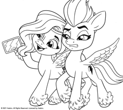 Size: 1877x1669 | Tagged: safe, imported from derpibooru, pipp petals, zipp storm, pegasus, pony, black and white, cellphone, coloring page, cringing, female, g5, grayscale, mare, monochrome, my little pony: a new generation, phone, scan, siblings, simple background, sisters, smartphone, white background, zipp storm is not amused