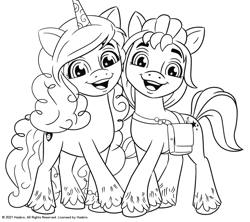 Size: 1884x1672 | Tagged: safe, imported from derpibooru, izzy moonbow, sunny starscout, earth pony, pony, unicorn, black and white, coloring page, female, g5, grayscale, mare, monochrome, my little pony: a new generation, scan, simple background, white background