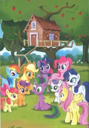 Size: 1717x2464 | Tagged: safe, imported from derpibooru, apple bloom, applejack, fluttershy, pinkie pie, rainbow dash, rarity, scootaloo, spike, sweetie belle, twilight sparkle, alicorn, earth pony, pony, unicorn, a pony named spike, apple, apple tree, book, clubhouse, crusaders clubhouse, cutie mark crusaders, male, mane seven, mane six, ponified, ponified spike, species swap, stallion, tree, twilight sparkle (alicorn)