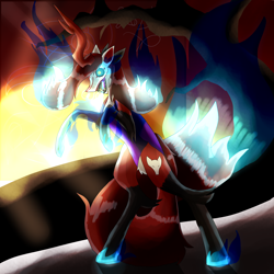Size: 5800x5800 | Tagged: safe, artist:florarena-kitasatina/dragonborne fox, imported from derpibooru, oc, oc:foxfire, absurd resolution, fire, half changeling, kabuki mask, my eyes, rearing, red and black oc, shading, signature, tree, watermark
