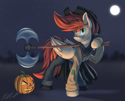 Size: 3314x2683 | Tagged: safe, artist:kaylerustone, imported from derpibooru, oc, oc only, oc:kayle rustone, pegasus, pony, axe, bandana, clothes, cowboy hat, halloween, hat, high res, male, moon, night, pumpkin, stallion, weapon, wings