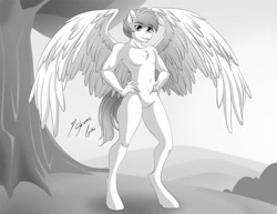 Size: 1280x989 | Tagged: safe, artist:shinta-girl, imported from derpibooru, oc, oc only, anthro, pegasus, unguligrade anthro, anthro oc, featureless crotch, looking at you, male, solo, viper