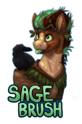 Size: 1200x1800 | Tagged: safe, artist:sursiq, imported from derpibooru, oc, oc only, oc:sagebrush, bird, earth pony, pony, raven (bird), :p, badge, clothes, costume, dappled sunlight, druid, earth pony oc, green eyes, multicolored hair, multicolored mane, name, outline, ponyville ciderfest, shading, simple background, smiling, solo, text, tongue out, transparent background