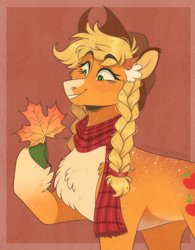 Size: 1096x1403 | Tagged: safe, artist:wanderingpegasus, imported from derpibooru, applejack, earth pony, pony, alternate hairstyle, applejack day, applejack's hat, autumn, braid, chest fluff, clothes, coat markings, colored ears, cowboy hat, cute, ear fluff, eyebrows, eyebrows visible through hair, facial markings, female, freckles, grin, hat, jackabetes, leaf, maple leaf, mare, markings, pale belly, pigtails, red background, scarf, simple background, smiling, snip (coat marking), socks (coat markings), solo, unshorn fetlocks