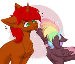 Size: 3500x3000 | Tagged: safe, artist:avroras_world, imported from derpibooru, oc, oc only, oc:rayven, oc:walter evans, pegasus, pony, unicorn, choker, high res, horn, licking, male, multicolored mane, pegasus oc, stallion, tongue out, unicorn oc, wings