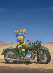 Size: 2500x3412 | Tagged: safe, artist:1jaz, imported from derpibooru, oc, oc only, oc:desert storm, pony, unicorn, fanfic:revanchism, beret, bodysuit, bomber jacket, cigarette, clothes, commission, desert, ear fluff, engine, fanfic art, female, hat, high res, horn, jacket, mare, military, motorcycle, patch, road, sergeant, smoking, soldier, solo, story art, thousand yard stare, unicorn oc, uniform