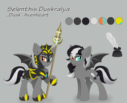 Size: 3500x2832 | Tagged: safe, artist:burû, imported from derpibooru, oc, oc only, oc:dusk avenheart, bat pony, pony, armor, bat pony oc, bat wings, chest fluff, ear fluff, eye clipping through hair, eyebrows, eyebrows visible through hair, frown, gray background, heterochromia, high res, looking at you, male, night guard, open mouth, open smile, polearm, reference sheet, simple background, smiling, smiling at you, solo, spread wings, stallion, wings