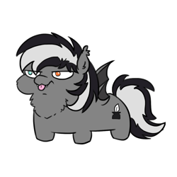 Size: 1000x1000 | Tagged: safe, artist:sorajona, imported from derpibooru, oc, oc only, oc:dusk avenheart, bat pony, pony, :p, bat pony oc, bat wings, chest fluff, eye clipping through hair, heterochromia, male, simple background, solo, squatpony, stallion, tongue out, white background, wings