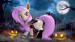 Size: 3840x2160 | Tagged: safe, artist:owlpirate, imported from derpibooru, fluttershy, bat, bat pony, pony, 3d, 4k, bat ponified, butt, clothes, dress, fangs, female, flutterbat, flutterbutt, full moon, halloween, high res, holiday, jack-o-lantern, looking at you, mare, moon, night, plot, pumpkin, race swap, shoes, solo, source filmmaker