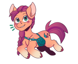 Size: 2200x1800 | Tagged: safe, artist:dragnoodlez, imported from derpibooru, sunny starscout, earth pony, pony, backwards cutie mark, bag, blush sticker, blushing, colored hooves, female, g5, mare, my little pony: a new generation, satchel, simple background, smiling, solo, transparent background, unshorn fetlocks
