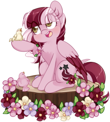 Size: 1000x1106 | Tagged: safe, artist:loyaldis, imported from derpibooru, oc, oc only, oc:dusty ember, bird, pegasus, pony, chest fluff, commission, cute, flower, simple background, solo, transparent background, ych result