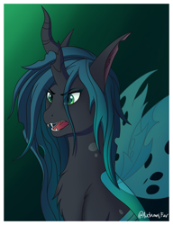 Size: 2282x2964 | Tagged: safe, artist:autumnsfur, imported from derpibooru, queen chrysalis, anthro, changeling, changeling queen, angry, annoyed, chest fluff, digital art, evil laugh, fangs, female, high res, laughing, mare, open mouth, simple background, solo