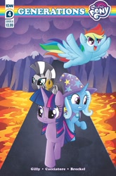 Size: 2063x3131 | Tagged: safe, artist:agnesgarbowska, idw, imported from derpibooru, rainbow dash, trixie, twilight sparkle, zecora, alicorn, pegasus, pony, unicorn, zebra, spoiler:comic, spoiler:comicgenerations04, comic, female, flying, frown, gritted teeth, high res, mare, my little pony: generations, open mouth, open smile, raised hoof, smiling, twilight sparkle (alicorn), volcano