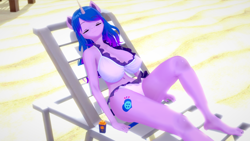 Size: 1600x900 | Tagged: safe, artist:mistpony, imported from derpibooru, izzy moonbow, anthro, plantigrade anthro, unicorn, 3d, beach, big breasts, bikini, breasts, busty izzy moonbow, chair, clothes, eyes closed, g5, huge breasts, koikatsu, my little pony: a new generation, relaxing, swimsuit