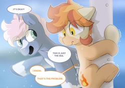 Size: 2064x1457 | Tagged: safe, artist:mochi_nation, imported from derpibooru, oc, oc only, oc:flame egg, oc:water socks, earth pony, pony, coat markings, dialogue, duo, female, male, mare, nervous, scared, shivering, shrunken pupils, speech bubble, stallion, sweat