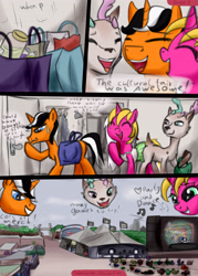 Size: 3000x4200 | Tagged: safe, artist:littlenaughtypony, imported from derpibooru, oc, oc only, oc:ever harmon, oc:starsweep sweetsky, oc:timber gale, deer, deer pony, original species, unicorn, comic:timbersweep showertime, antlers, bags, comic, deer oc, dj booth, fair, heterochromia, multicolored antlers, multicolored eyes, non-pony oc, potion, stage, tent, vendor