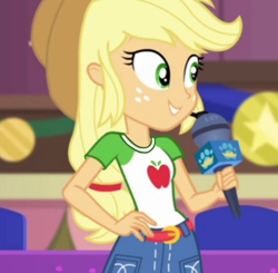 Size: 552x541 | Tagged: safe, edit, edited screencap, imported from derpibooru, screencap, applejack, human, equestria girls, equestria girls series, belt, belt buckle, clothes, cute, hat, jackabetes, microphone, shirt, skirt, t-shirt