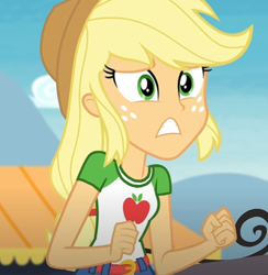 Size: 485x496 | Tagged: safe, edit, edited screencap, imported from derpibooru, screencap, applejack, equestria girls, equestria girls series, clothes, cute, gritted teeth, hat, shirt, t-shirt, worried